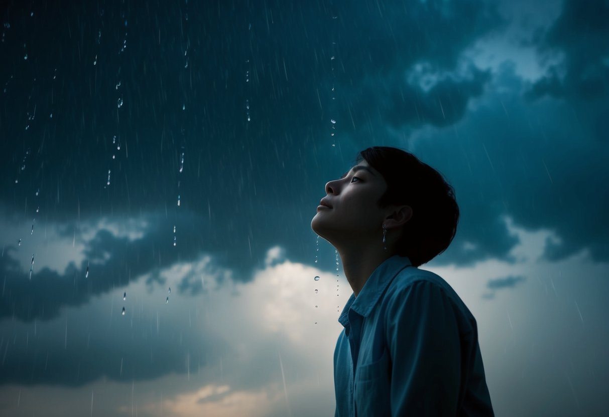 Um sonho de chorar: uma figura solitária sob um céu escuro e tempestuoso, lágrimas caindo como chuva