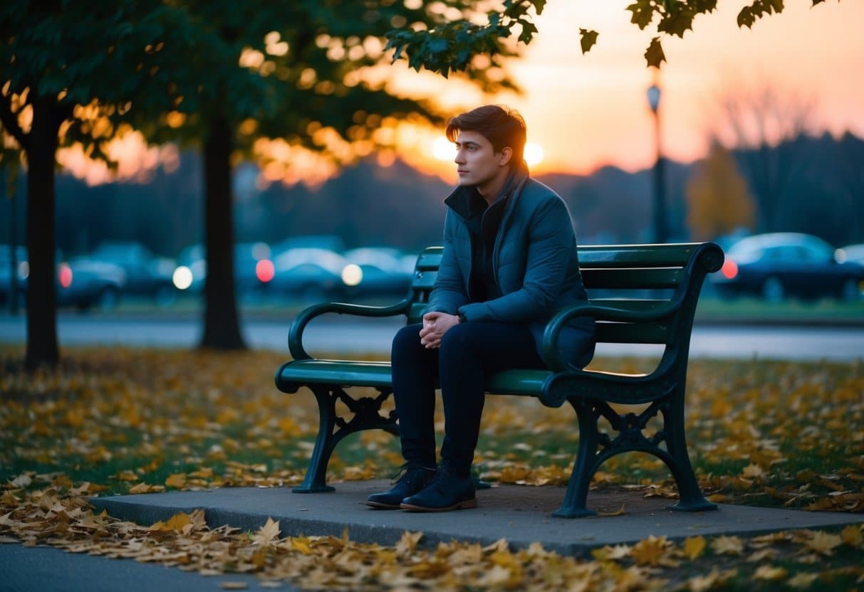 Uma pessoa sentada sozinha em um banco de parque, cercada por folhas caídas e um pôr do sol que vai se apagando, com uma expressão pensativa no rosto.