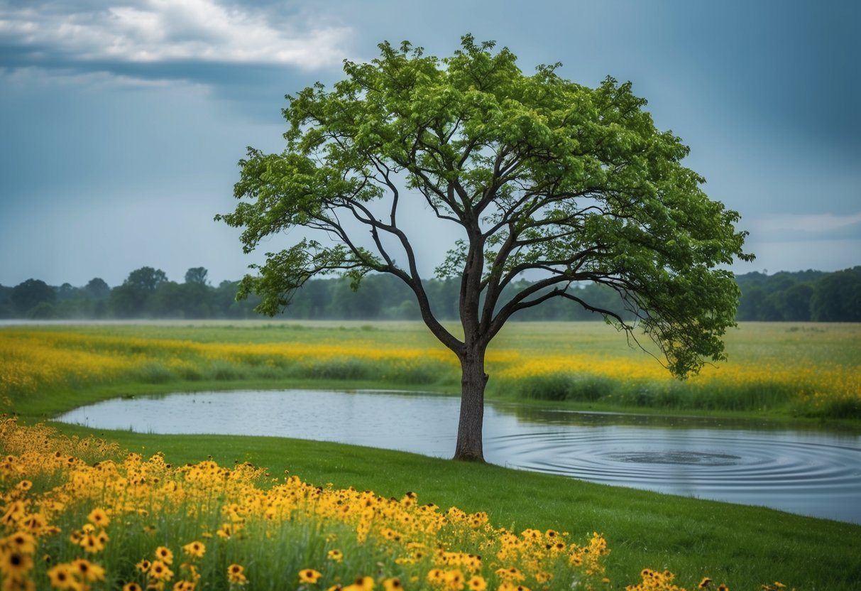 Uma árvore solitária se ergue em um campo de flores silvestres vibrantes, seus galhos se estendendo em direção ao céu enquanto a chuva cai, criando ondulações em um lago próximo.