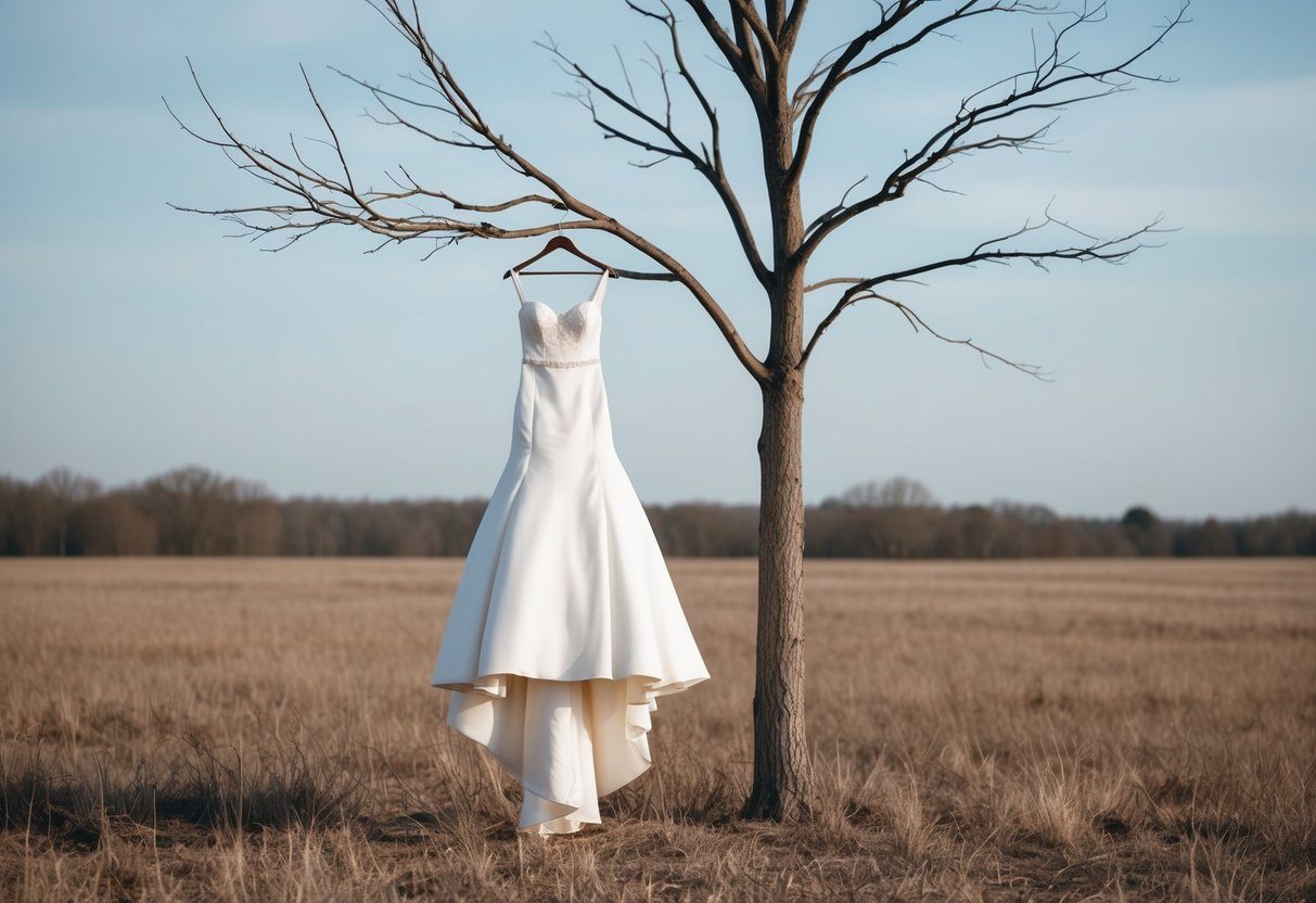 Um vestido de noiva branco solitário pendurado em uma árvore nua em um campo desolado