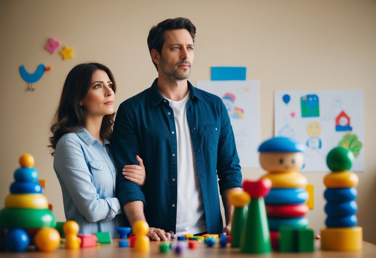 Uma mulher e um homem de pé juntos, cercados por brinquedos e desenhos de criança. O homem parece distante, enquanto a mulher parece contemplativa.