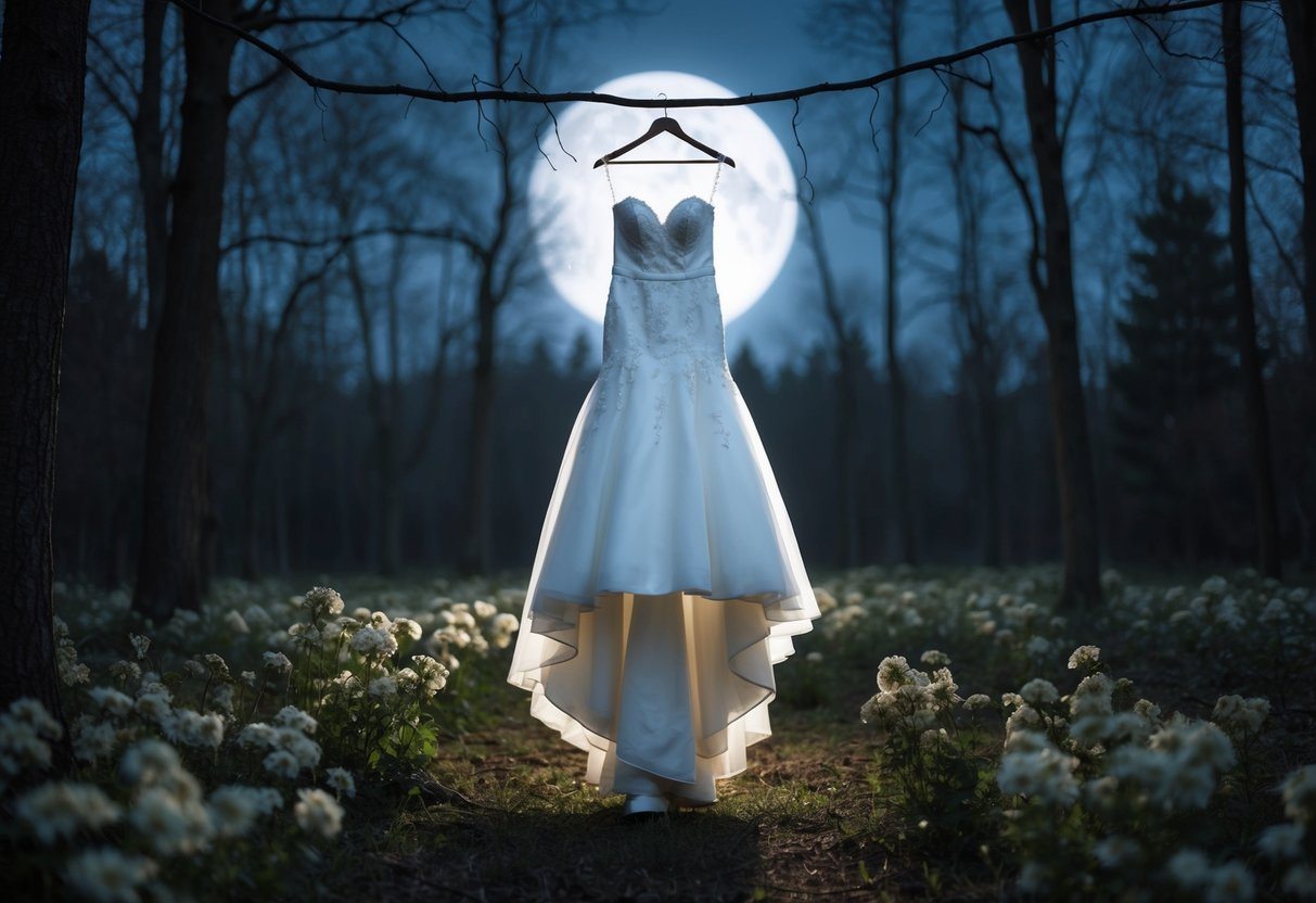 Um vestido de noiva solitário pende em uma floresta iluminada pela lua, cercado por flores murchas e uma sensação de pressentimento.