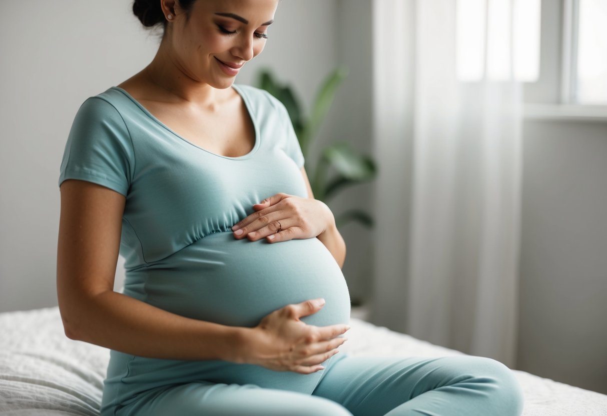 Uma figura serena e grávida com um sorriso suave, acariciando sua barriga enquanto sente os movimentos sutis de seu filho não nascido.