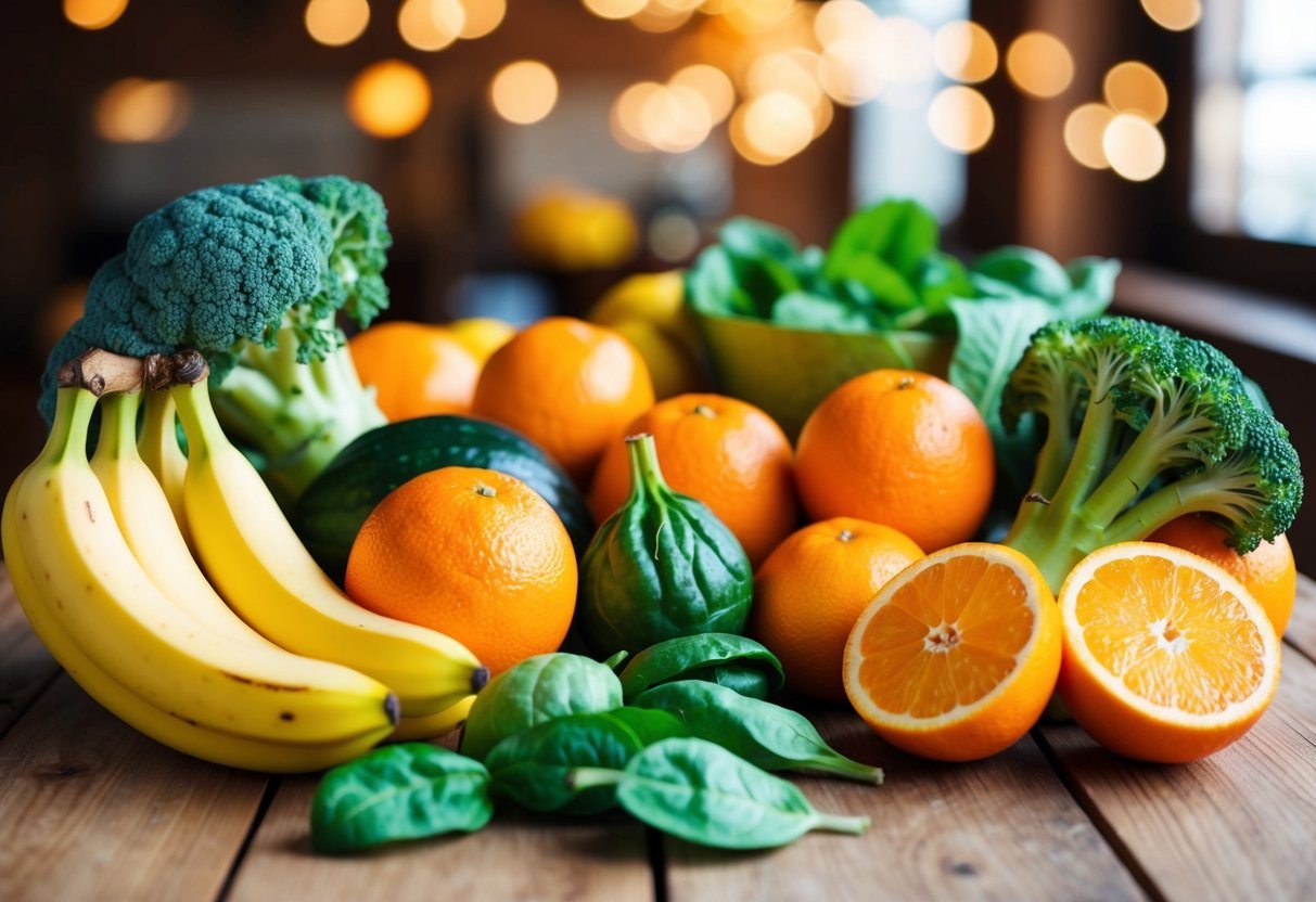 Uma variedade colorida de frutas e vegetais, incluindo bananas, laranjas, espinafre e brócolis, dispostos sobre uma mesa de madeira