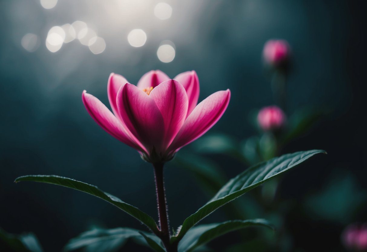 Uma flor rosa florescendo de um fundo escuro e misterioso