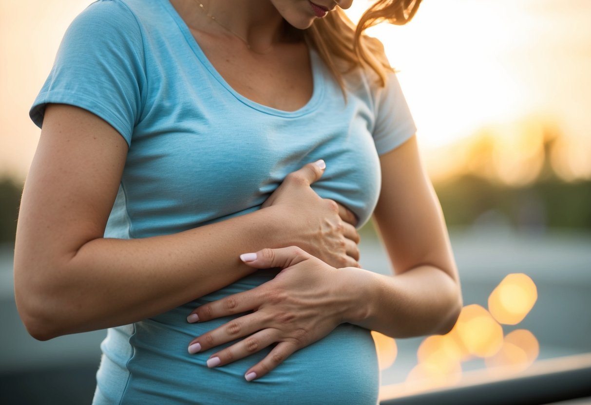 Uma mulher segurando o abdômen inferior com desconforto