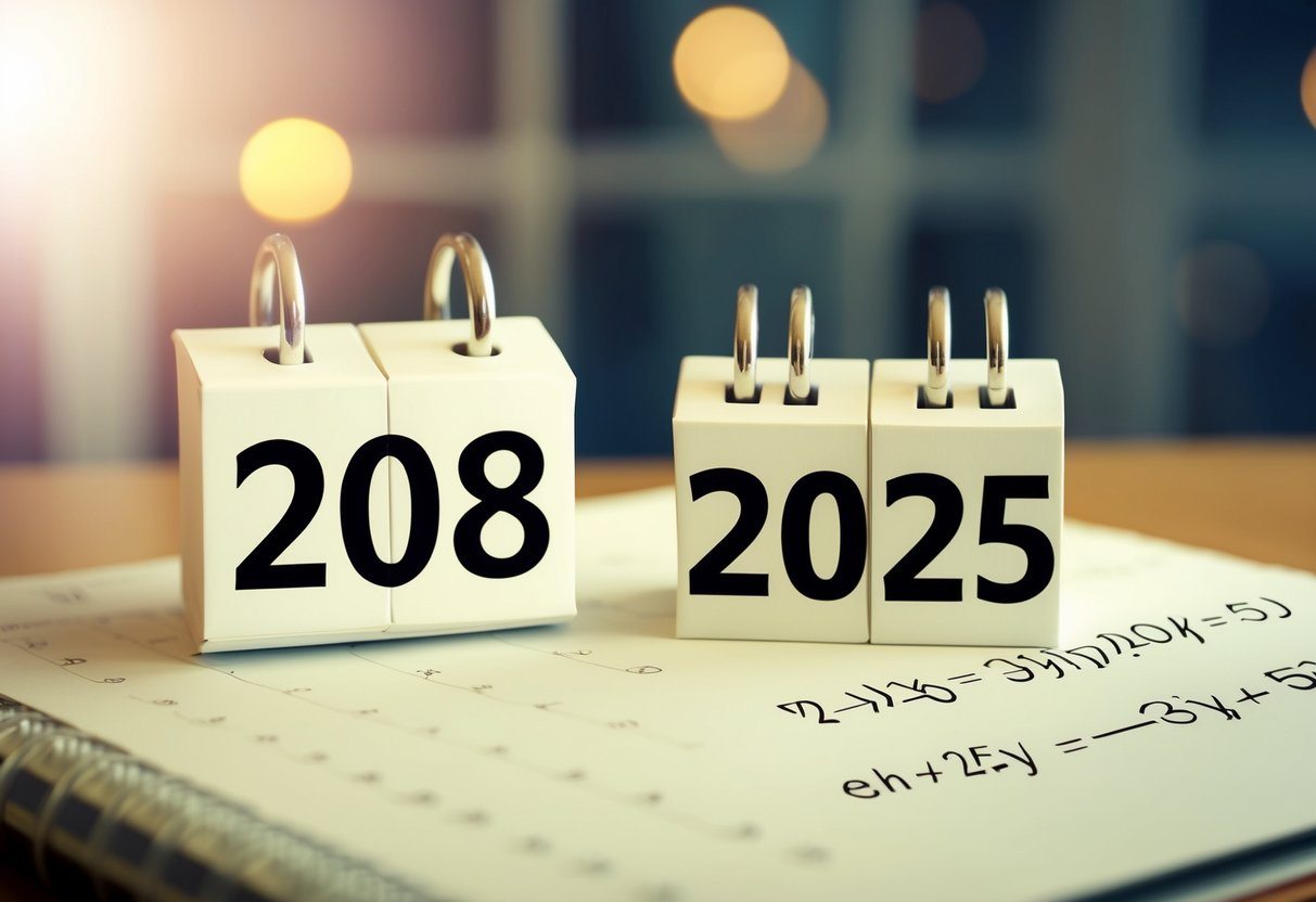 Um calendário mostrando os anos de 2008 e 2025 com uma equação matemática escrita ao lado.