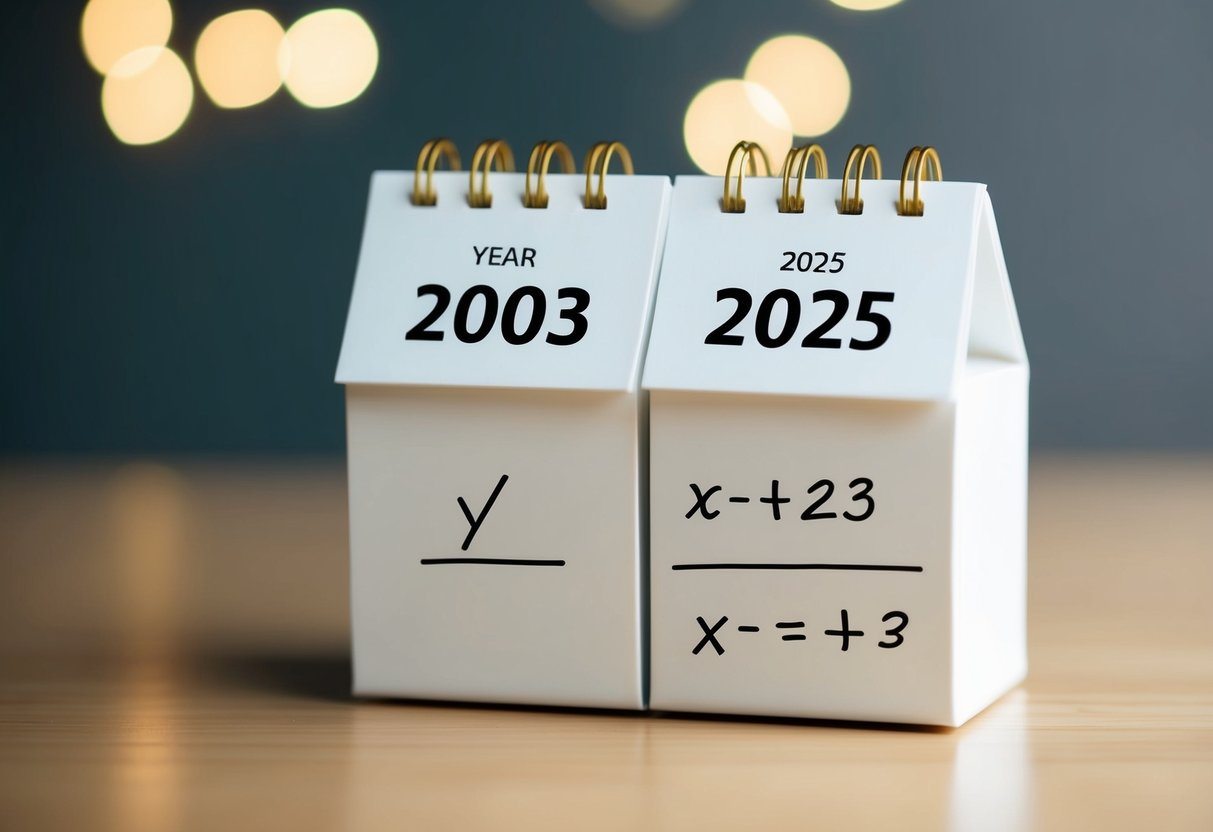 Um calendário mostrando os anos 2003 e 2025 com uma equação matemática simples escrita ao lado.