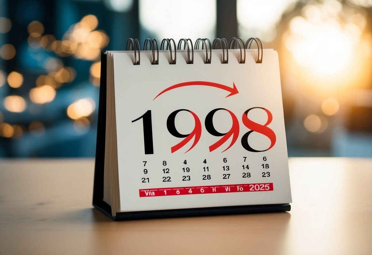 Um calendário com o ano de 1998 circulado e o ano de 2025 destacado