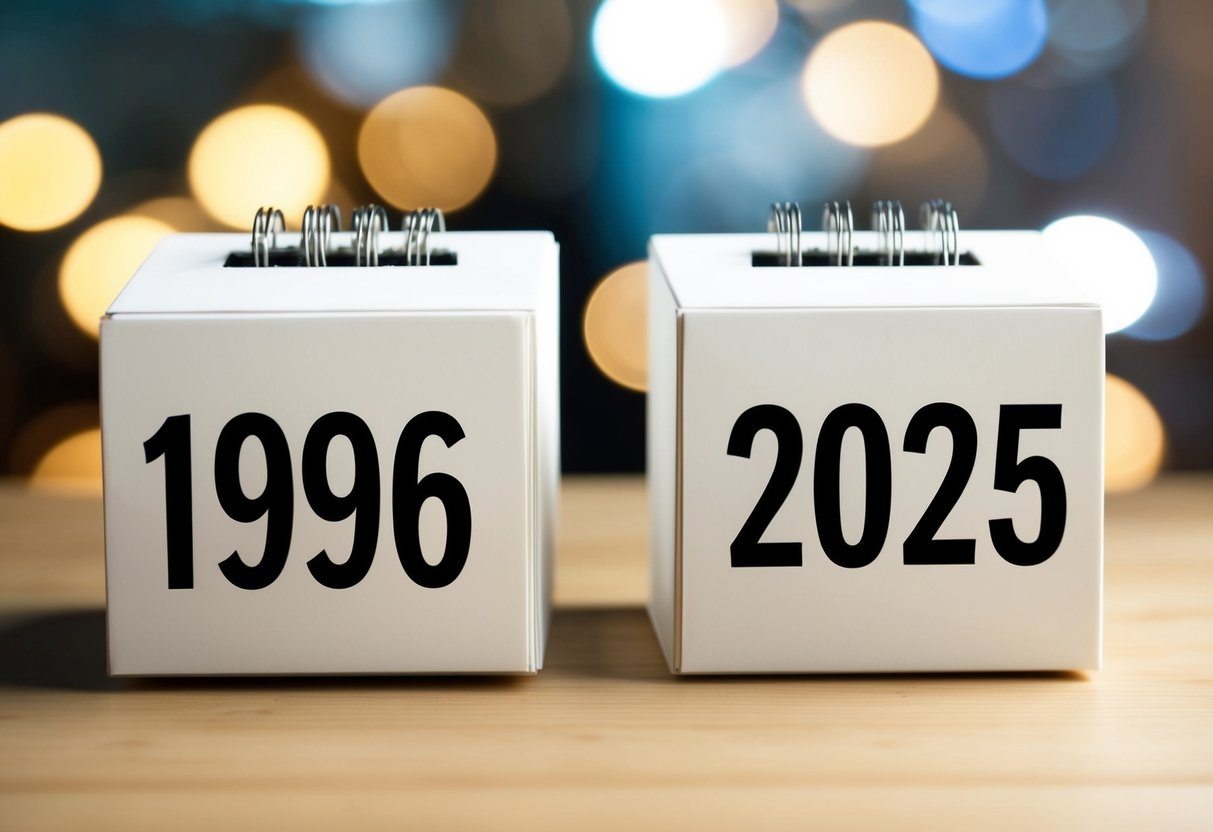 Um calendário mostrando os anos de 1996 e 2025, com um foco claro nas duas datas