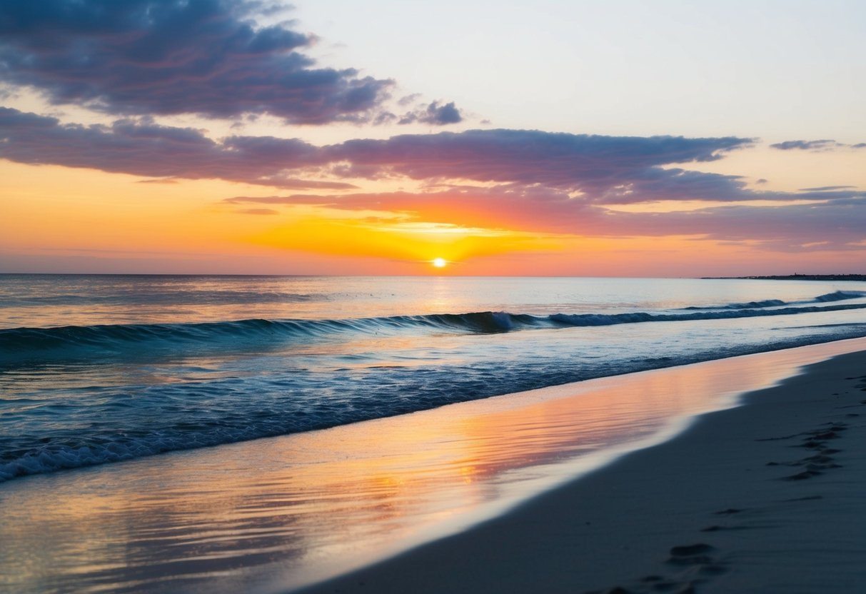 Uma praia serena ao pôr do sol, com ondas suaves batendo na costa e um céu colorido refletindo na água