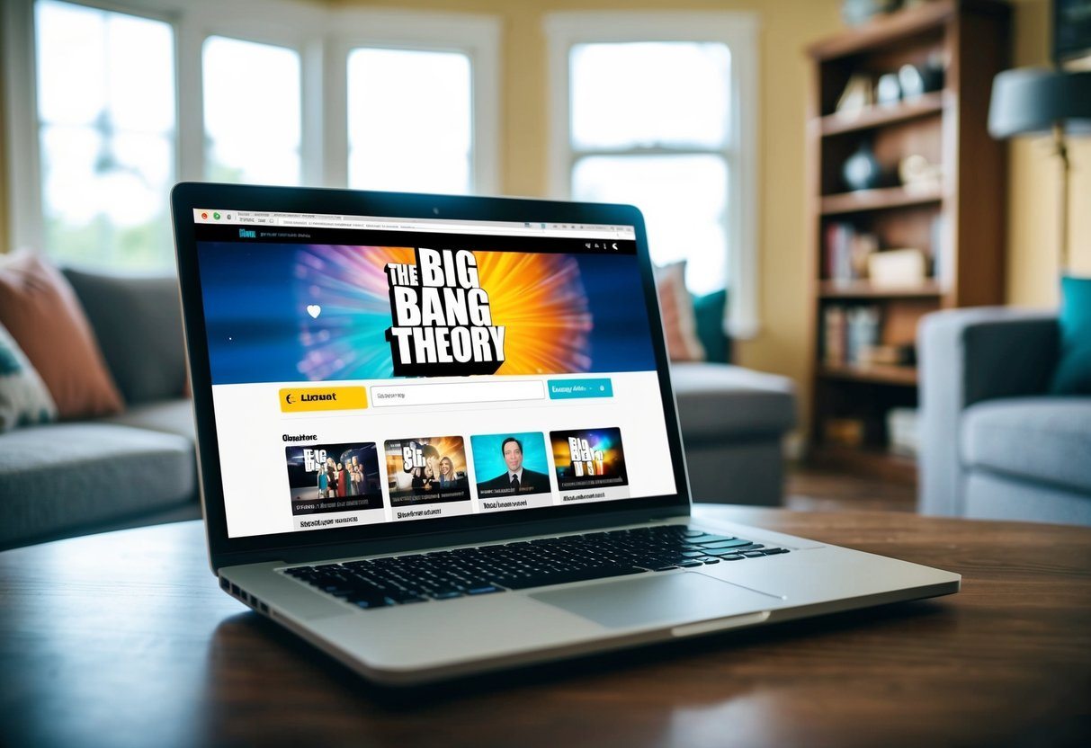Um laptop exibindo The Big Bang Theory em um site de streaming, com uma sala de estar aconchegante ao fundo.