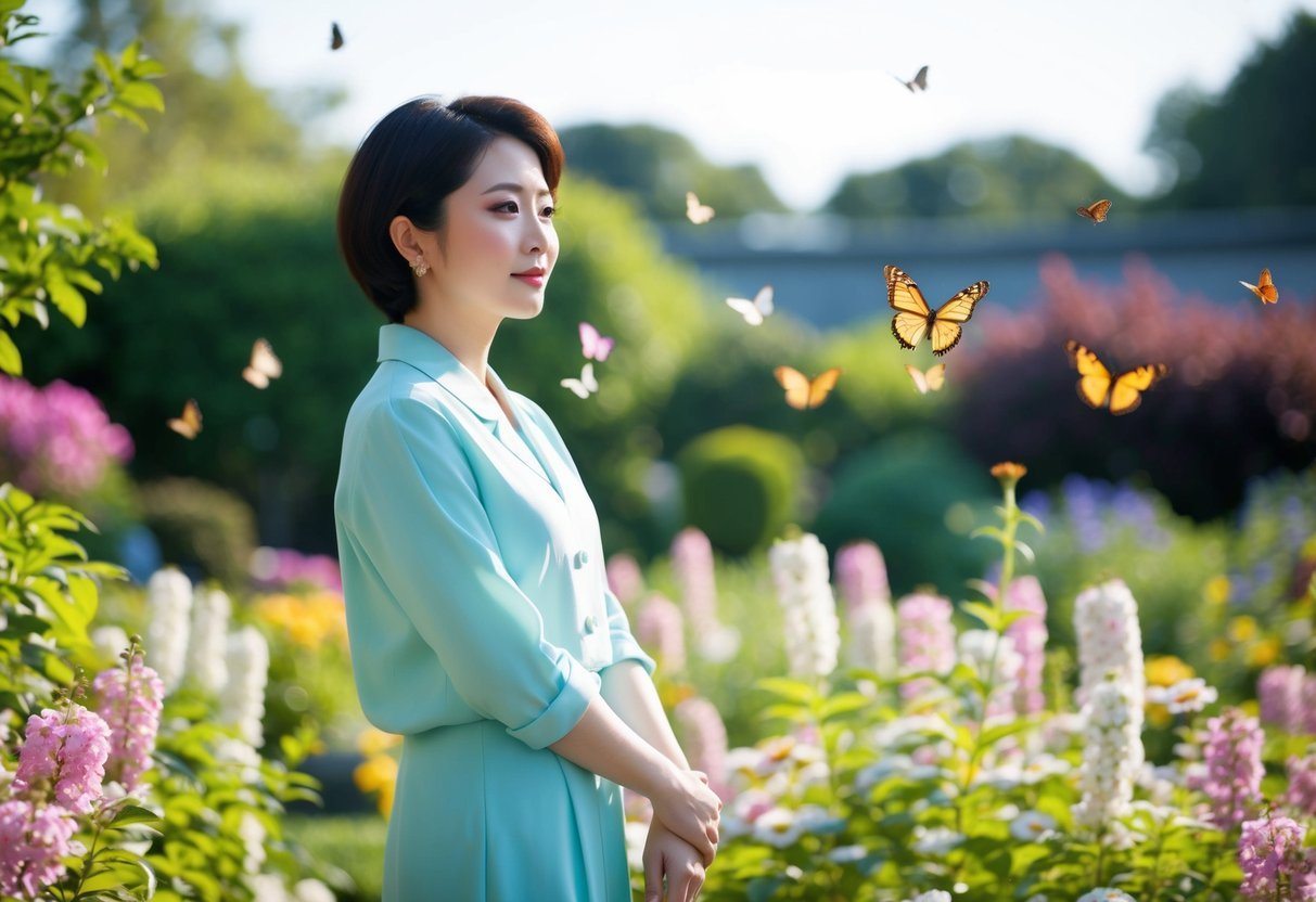 Ju Kyung está sozinha em um jardim ensolarado, cercada por flores em flor e borboletas a voar.