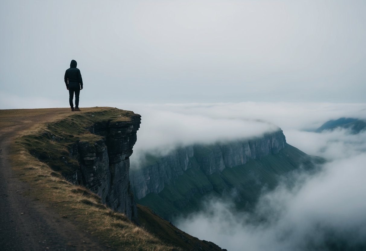 Uma figura solitária está em um penhasco com vista para uma vasta paisagem coberta de neblina, com uma sensação de mistério e incerteza no ar.