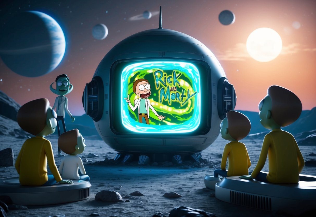 Um planeta alienígena com criaturas estranhas assistindo a uma exibição holográfica de "Rick e Morty" em um cenário futurista