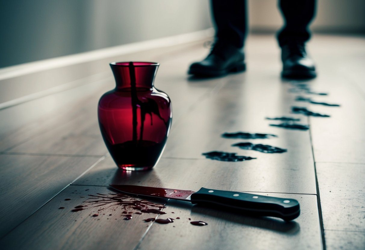 Uma faca ensanguentada está ao lado de um vaso quebrado no chão. Uma trilha de pegadas leva para longe da cena do crime.