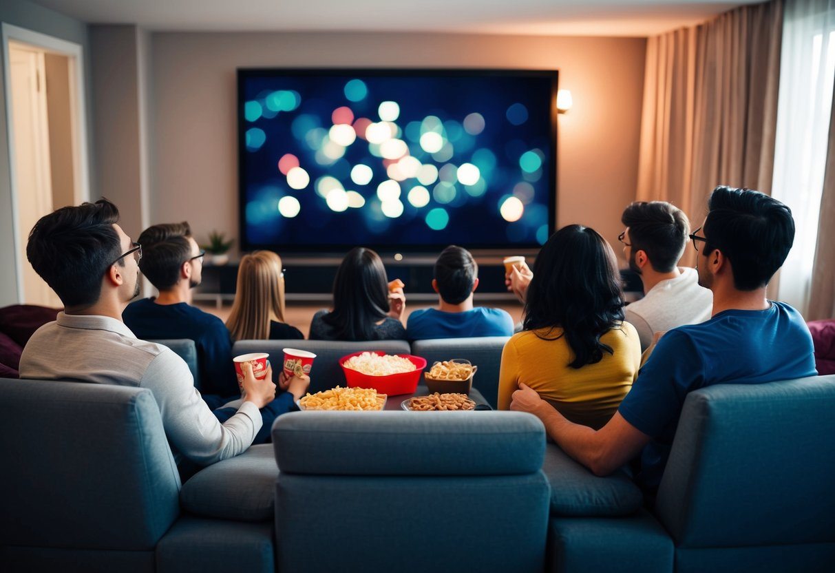 Um grupo de iniciantes assistindo a um filme juntos, cercados de lanches e assentos confortáveis.