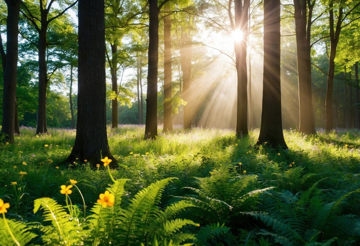 Uma clareira serena na floresta com a luz do sol filtrando através das árvores, projetando sombras mescladas no chão. Flores silvestres e samambaias pontilham a paisagem, criando uma atmosfera pacífica e tranquila.