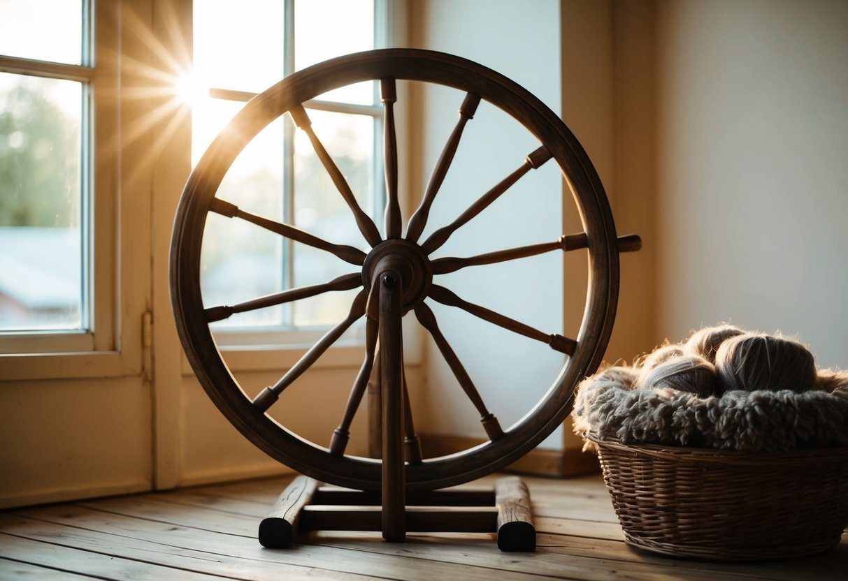 Uma roda de fiar rústica está sobre um piso de madeira, com uma cesta de lã próxima e um feixe de luz do sol entrando por uma janela.