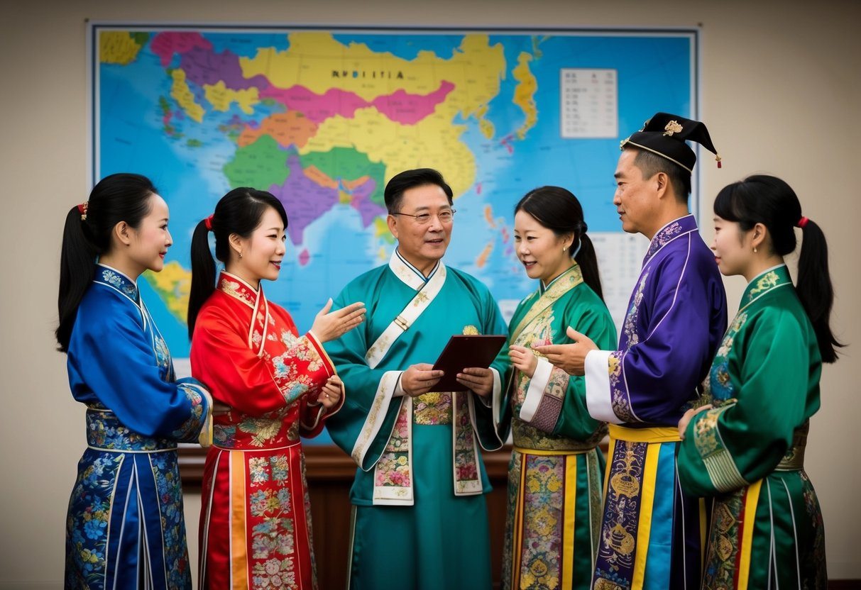 Um grupo de pessoas vestindo roupas tradicionais chinesas discutindo sobre linguagem, com um mapa da China ao fundo.