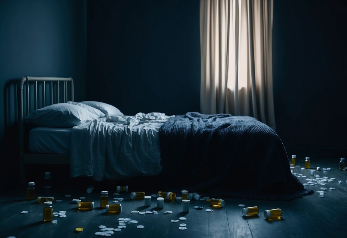 Uma sala escura e sombria com uma cama desarrumada, frascos de remédio vazios espalhados pelo chão e uma cortina pálida e puxada.