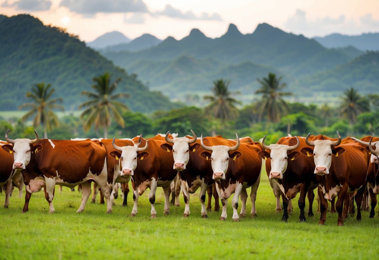Um rebanho de gado Brahman pastando em uma paisagem tropical indiana exuberante