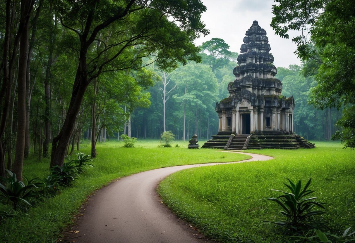 Uma floresta serena com um caminho sinuoso levando a um templo antigo e misterioso