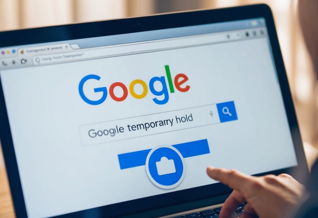 A tela do computador de uma pessoa mostra uma barra de pesquisa do Google com as palavras "Google hold temporário" digitadas, enquanto um símbolo de carregamento gira no centro da tela.
