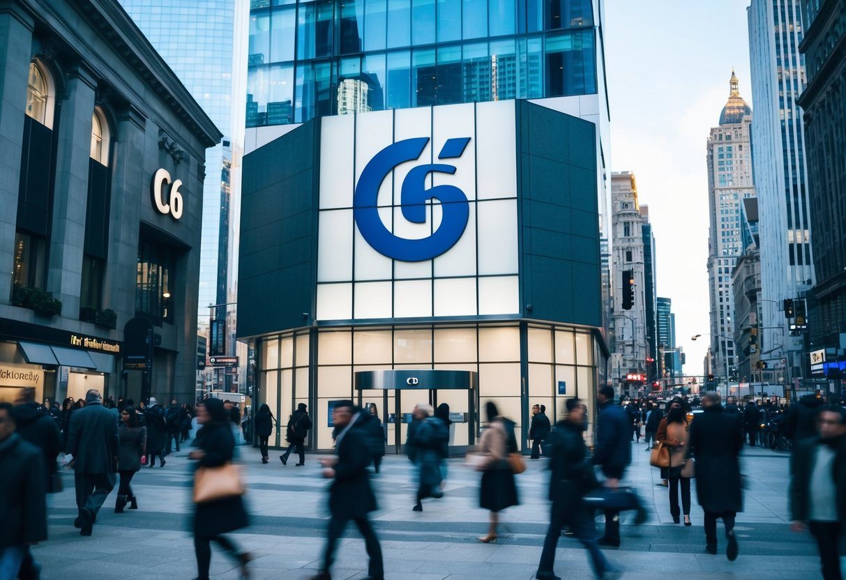 Um prédio bancário moderno com o logo "c6" exibido de forma proeminente, cercado por ruas movimentadas da cidade e pedestres apressados.