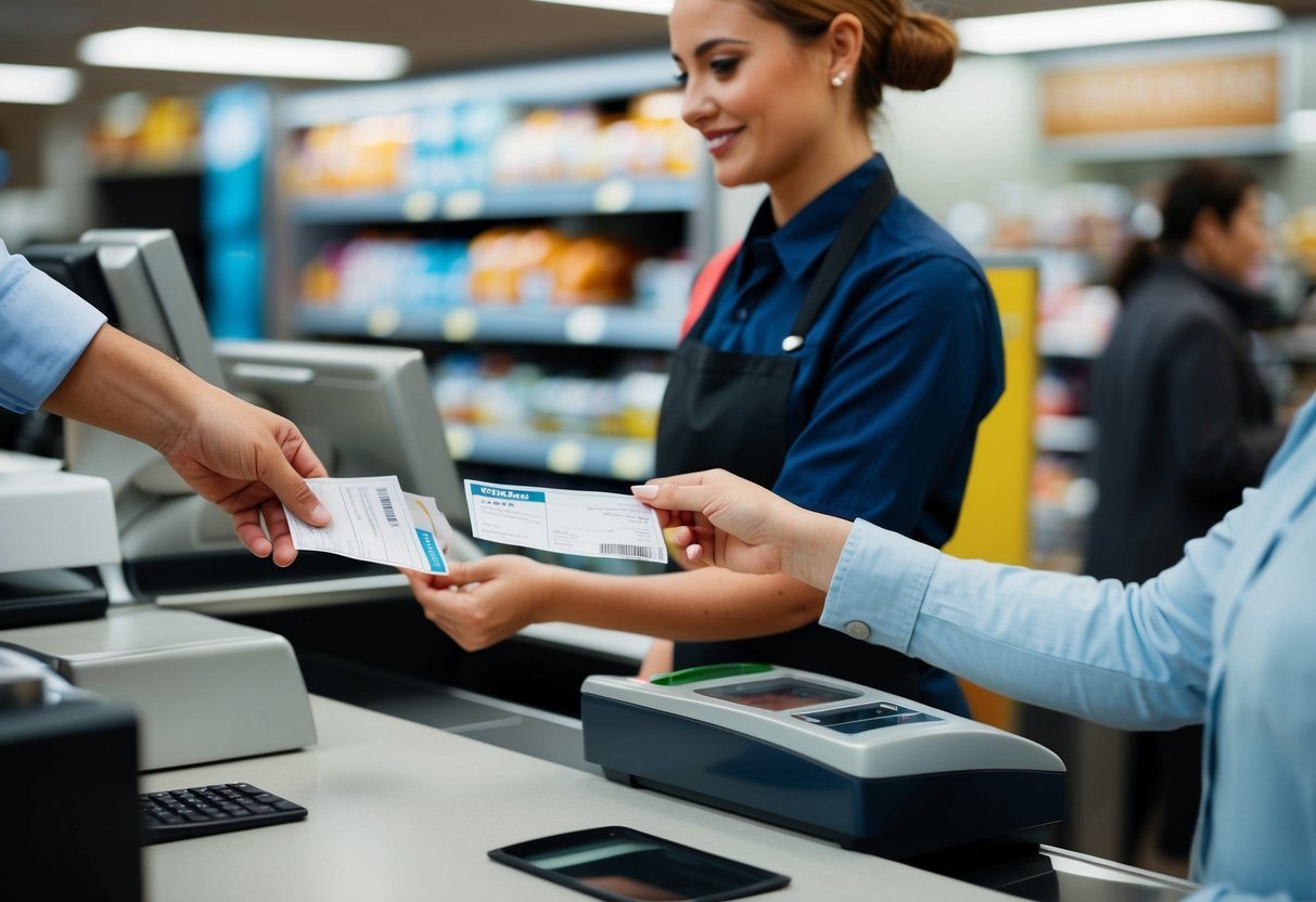 Um caixa da Americanas aceita um vale-alimentação de um cliente no balcão de checkout.