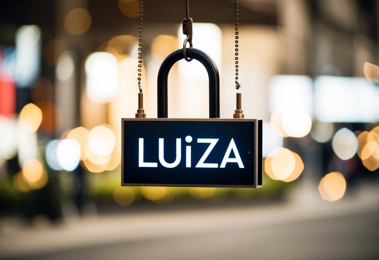Uma placa suspensa para a Magazine Luiza, com um símbolo de cadeado