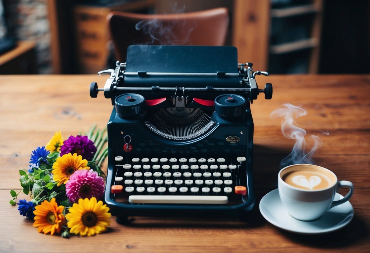 Uma máquina de escrever vintage cercada por flores coloridas e uma xícara de café fumegante em uma mesa de madeira