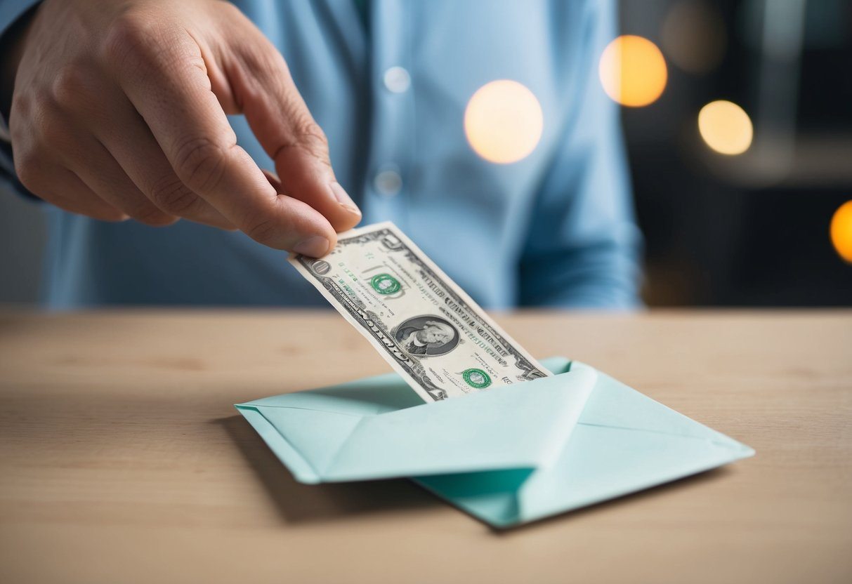 Uma mão colocando dinheiro em um envelope, pronto para ser enviado