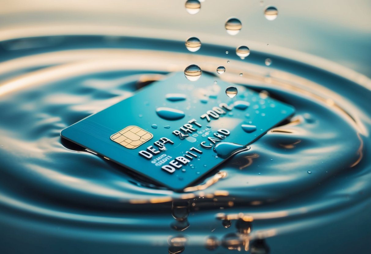 Um cartão de débito submerso em água, com gotas escorrendo de sua superfície