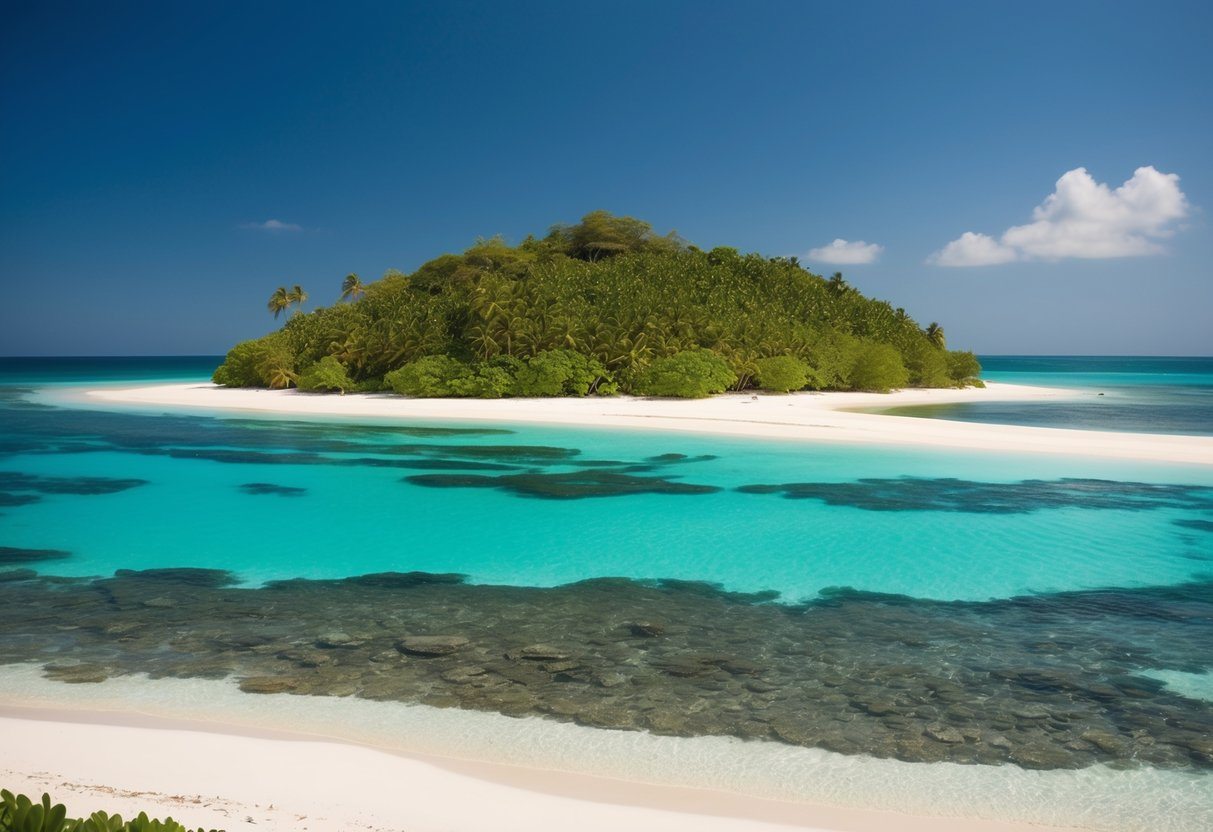 Uma ilha deserta com vegetação exuberante, uma praia intocada e um céu azul claro