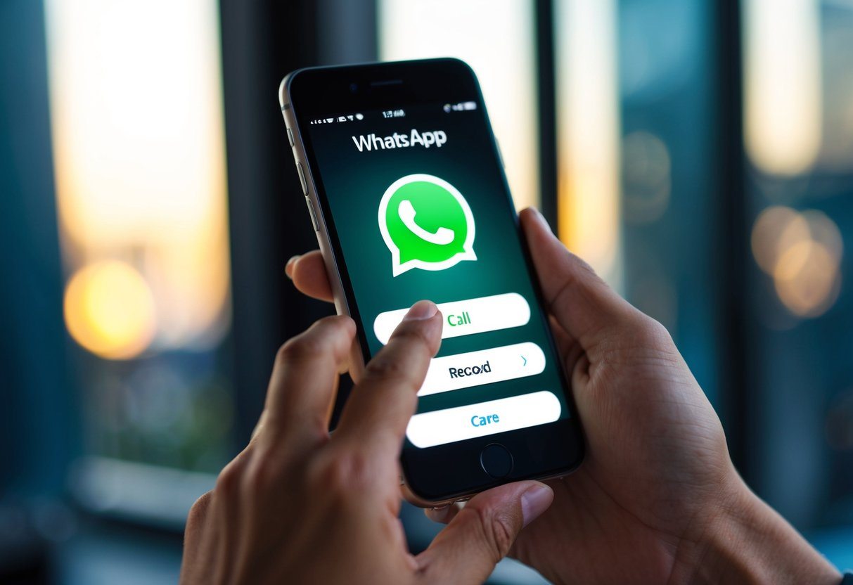 Uma pessoa segurando um smartphone, tocando no aplicativo WhatsApp e selecionando a opção para gravar uma chamada.