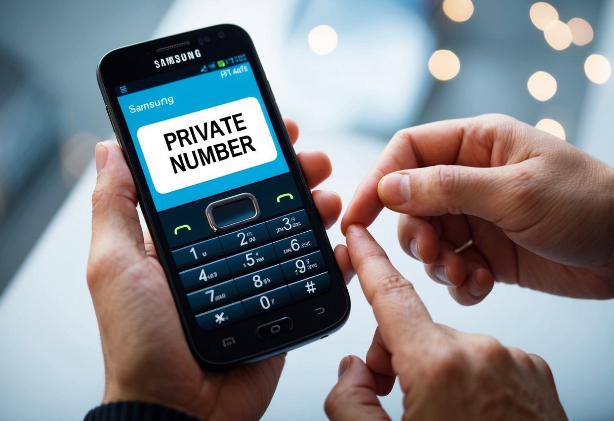 Uma mão segurando um telefone Samsung com um número privado exibido na tela. Outra mão alcançando o telefone, com um dedo pressionando um botão para remover o número privado.