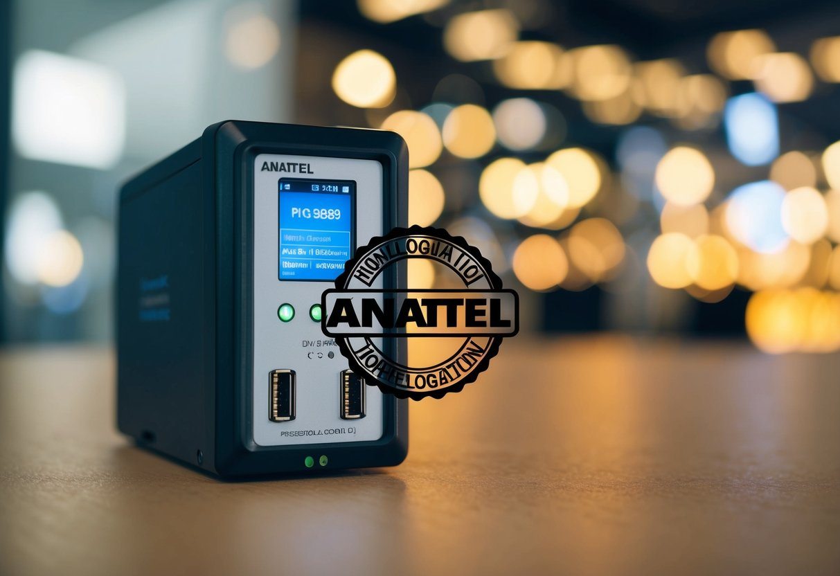 Um dispositivo eletrônico com um selo de homologação da ANATEL exibido de forma proeminente