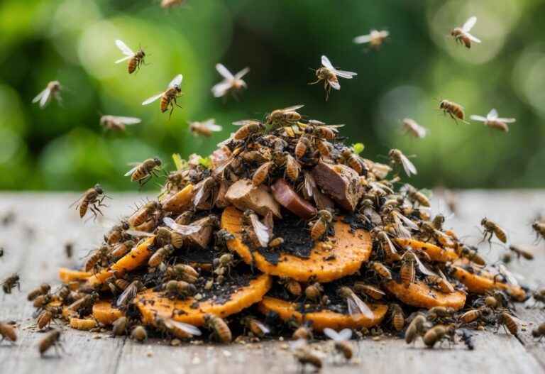 Uma pilha de comida podre cercada por moscas zumbindo