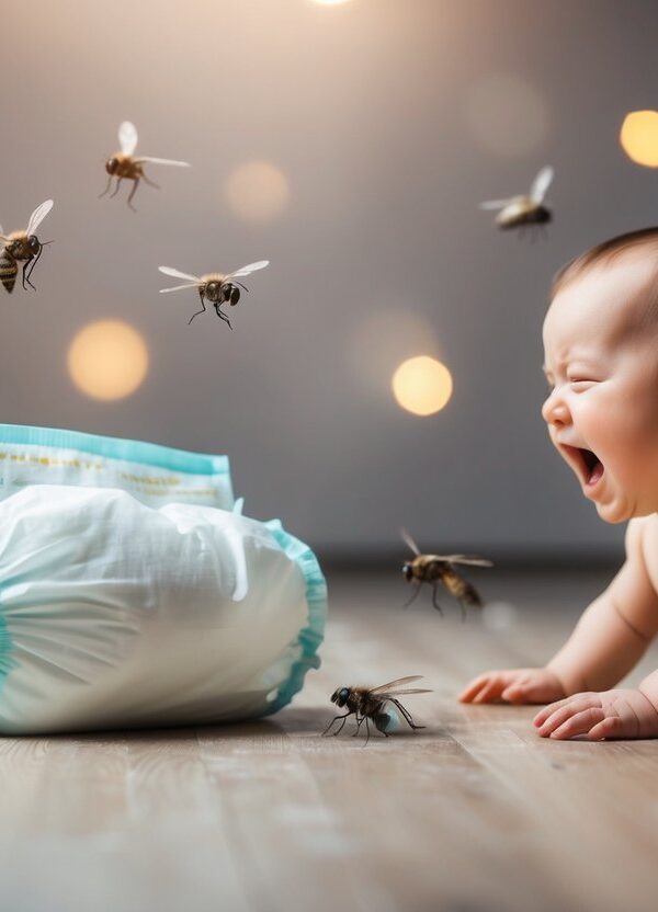 Uma fralda suja está no chão ao lado de um bebê chorando, cercada por moscas.