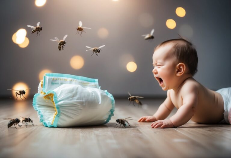 Uma fralda suja está no chão ao lado de um bebê chorando, cercada por moscas.