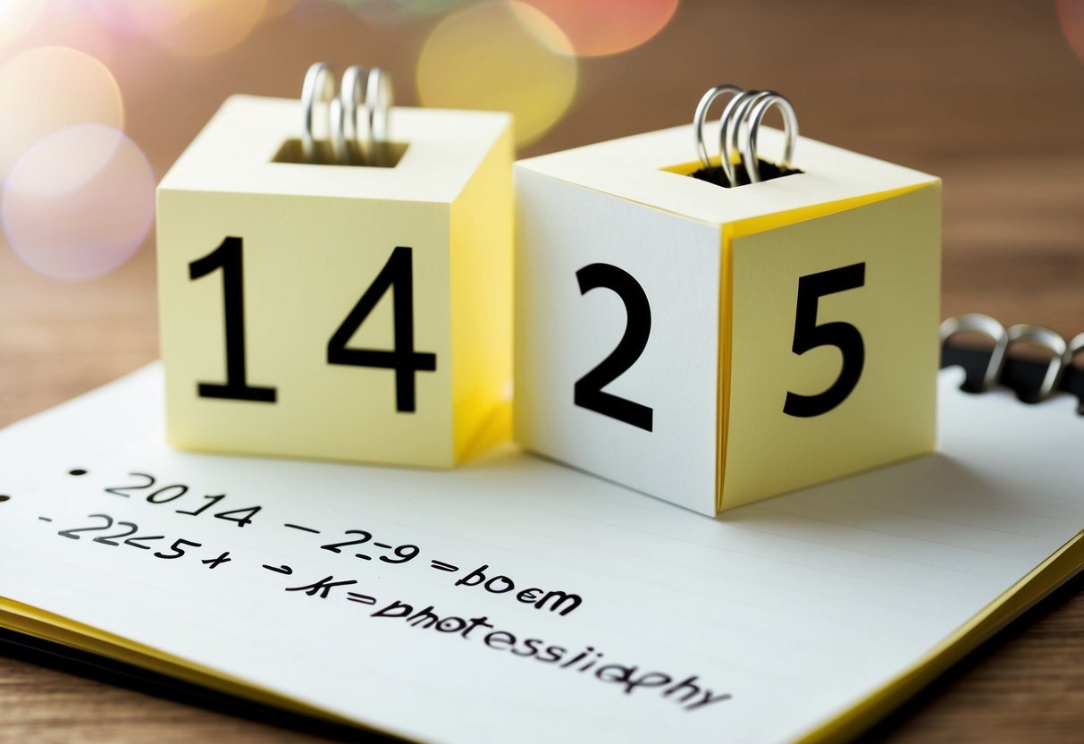 Um calendário mostrando os anos de 2014 e 2025 com uma equação matemática simples escrita em um pedaço de papel