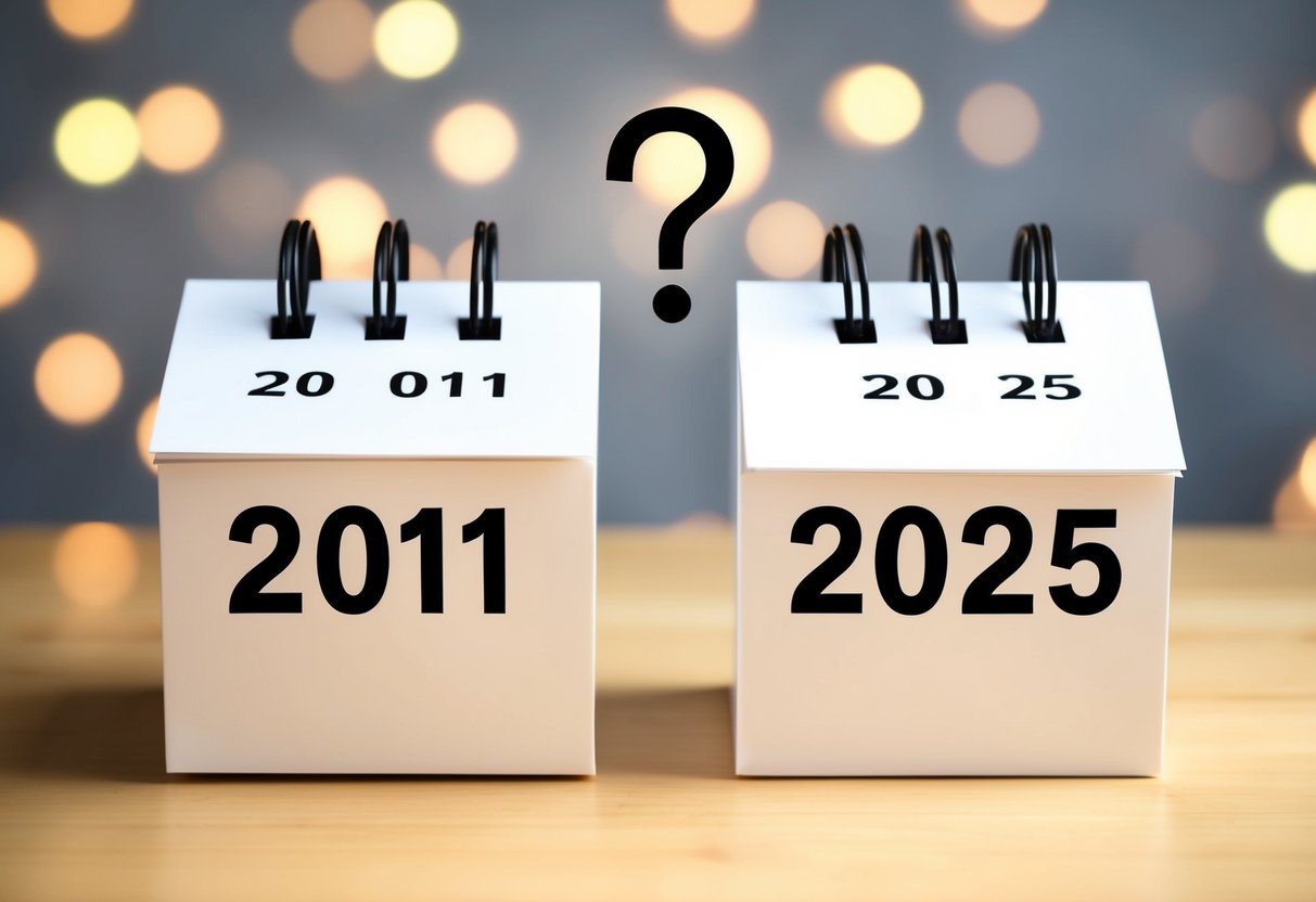 Um calendário mostrando os anos 2011 e 2025 com um ponto de interrogação acima dele