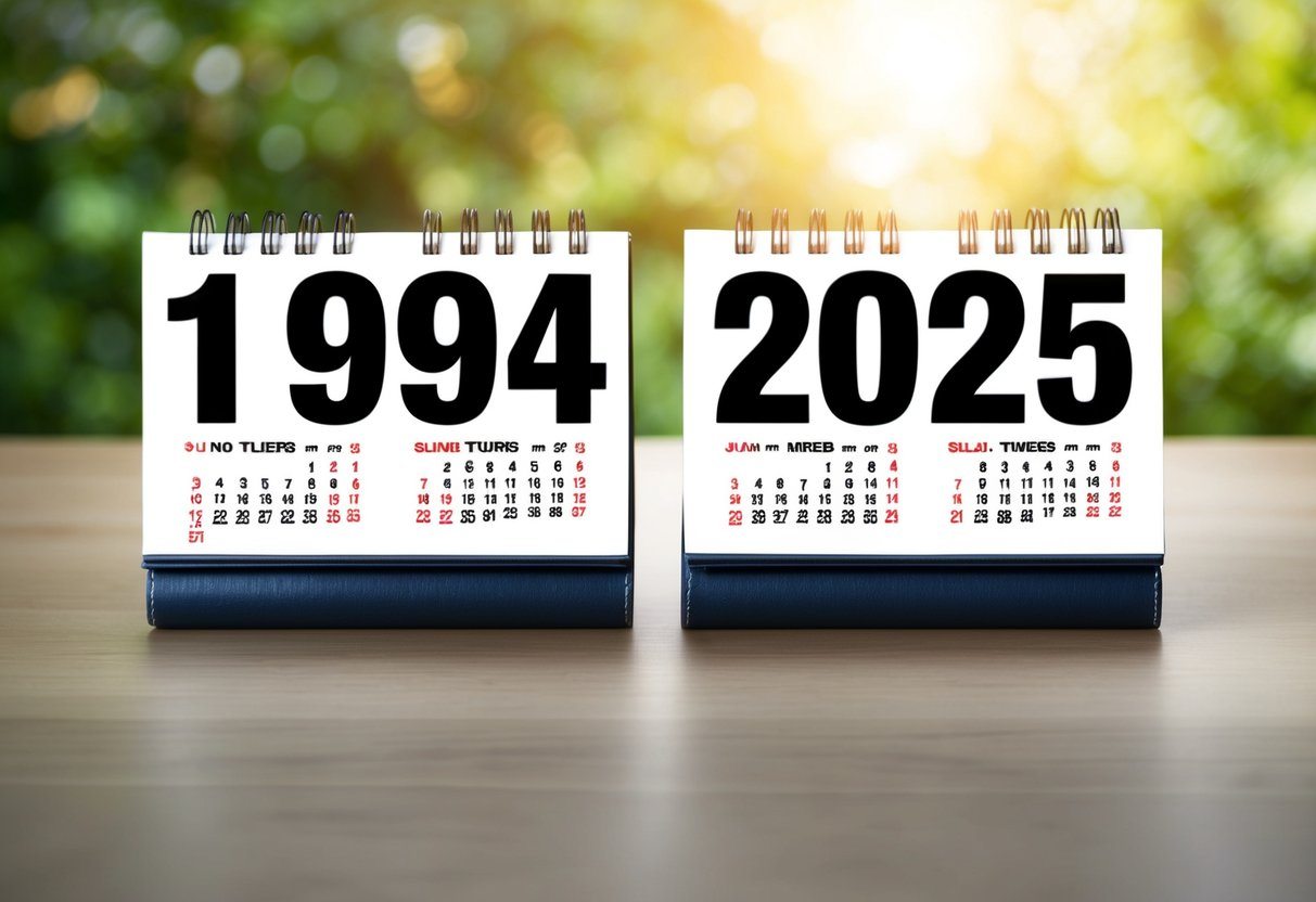 Um calendário mostrando os anos de 1994 e 2025 com uma representação visual clara da passagem do tempo