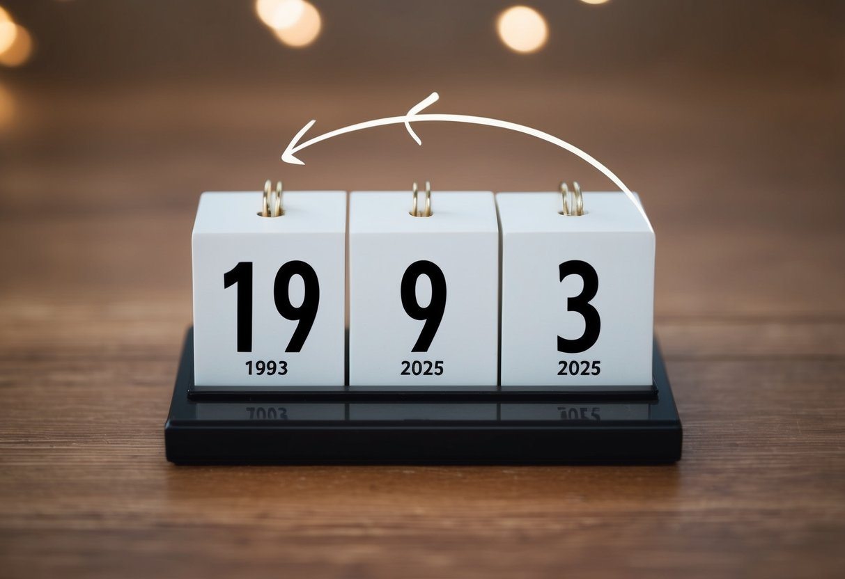 Um calendário com o ano de 1993 circulado e o ano de 2025 destacado