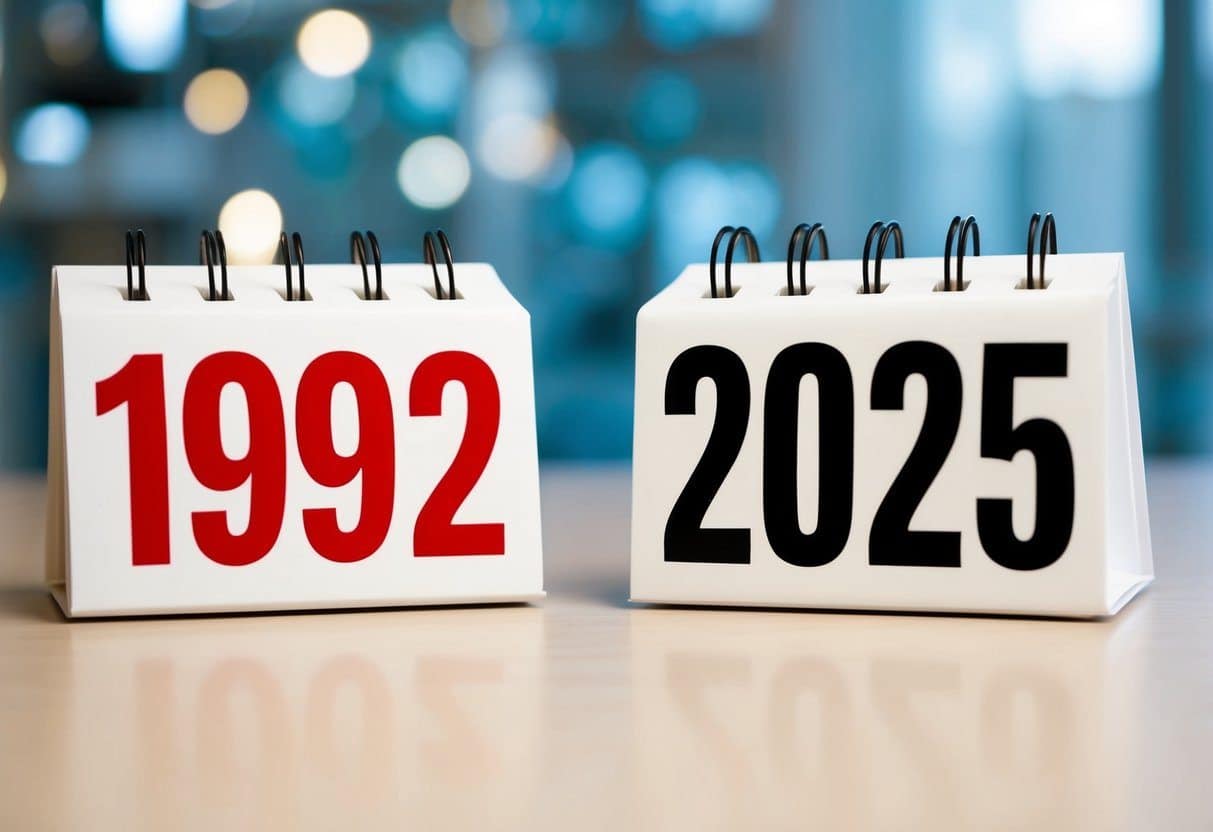 Um calendário mostrando os anos de 1992 e 2025, com um foco claro nas duas datas