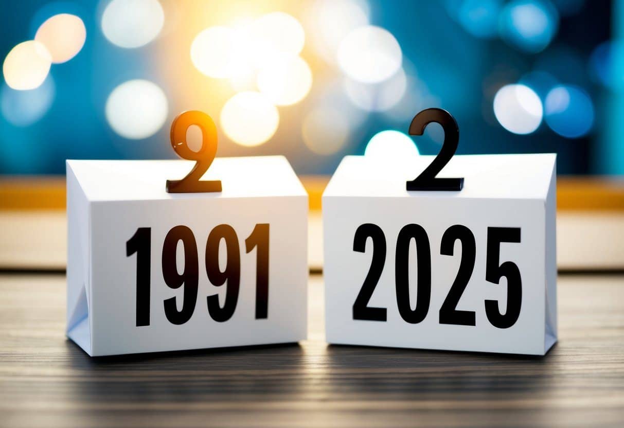 Um calendário mostrando os anos de 1991 e 2025 com uma representação visual clara da passagem do tempo