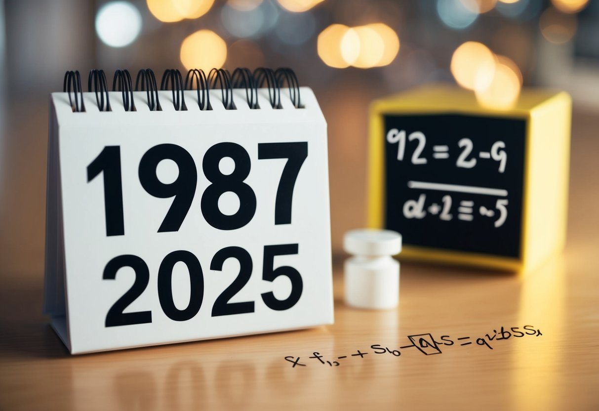 Um calendário mostrando o ano de 1987 e o ano de 2025, com uma equação matemática escrita ao lado.