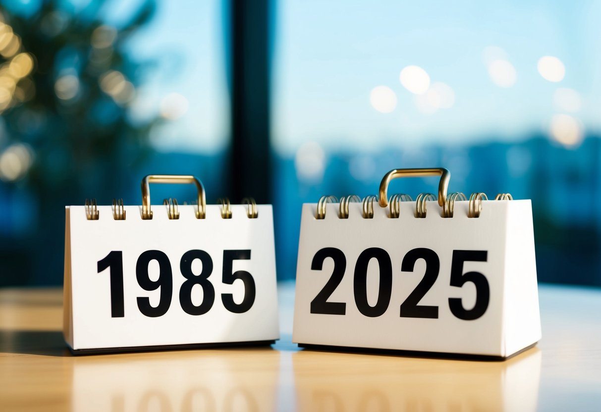 Um calendário mostrando os anos de 1985 e 2025 com uma representação visual clara da passagem do tempo