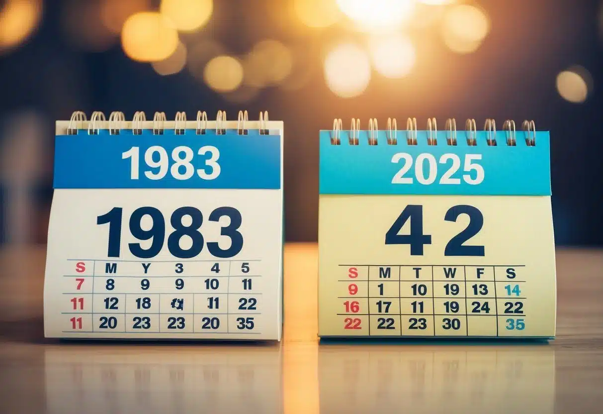 Um calendário vintage exibindo o ano de 1983 e o ano de 2025, com um cálculo claro e visível mostrando a diferença de idade de 42 anos.